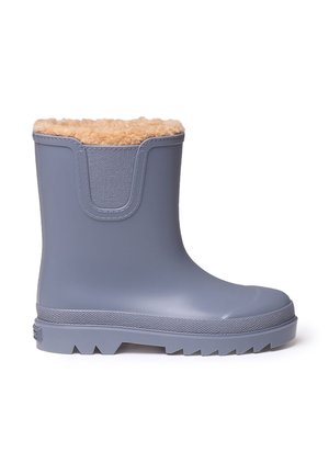 Stivale alla caviglia waterproof grigio con esterno in gomma testurizzata e rivestimento in finta pelliccia beige all'apertura; presenta una suola robusta per una migliore aderenza.