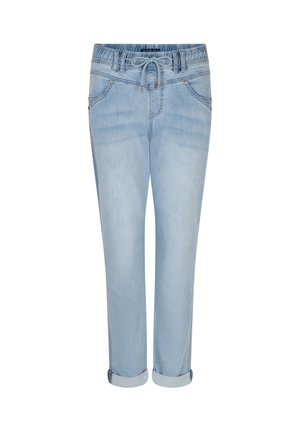 Lyseblå denim joggingbukser med elastisk taljebånd, snor foran, sidelommer og opsmøgede kanter.