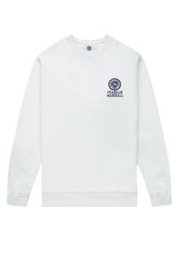 Sweatshirt blanc à col rond fabriqué en coton, avec des poignets et un ourlet côtelés, orné d'un logo brodé "Franklin Marshall" en navy sur la poitrine.