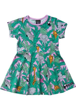 Peuterkleedje met paarse achtergrond en groene junglebladeren, bedrukt met illustraties van een zebra, olifant, giraffe, tijger, toekan, neushoorn en flamingo.