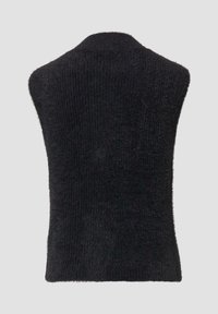 Schwarzer ärmelloser Strickpullover mit hohem Kragen, versehen mit einem strukturierten Rippmuster und einer weichen, fuzzy Oberfläche.
