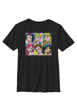 Czarny t-shirt z kolorowymi portretami sześciu kobiet w stylu pop-art, ułożonych w dwóch rzędach po trzy.