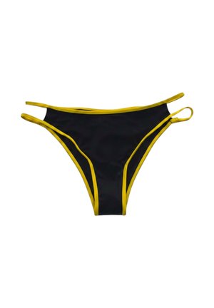 Parte inferiore del bikini nera con sottile bordatura gialla e cinturini su sfondo bianco.