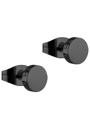 Boucles d'oreilles circulaires en métal noir avec une finition lisse ; chaque boucle d'oreille présente une surface plate et un design simple et contemporain.