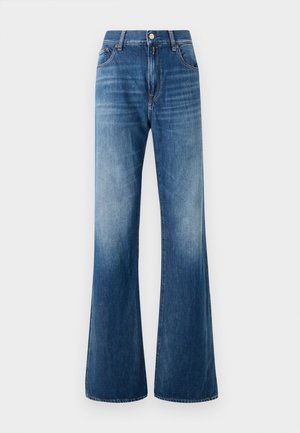 Uitlopende blauwe denim jeans met een vervaagde wassing, vijf zakken, ceintuurlussen en een sluiting met een knoop aan de voorkant. Soepele textuur en klassieke snit.