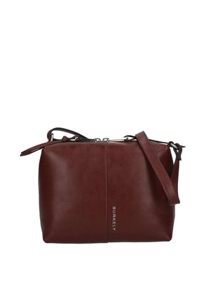 Sac bandoulière en cuir marron foncé avec une sangle ajustable et un zip argenté, arborant le nom de la marque Burkely en petites lettres.