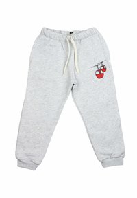 Pantalon de survêtement gris en tissu doux, avec une taille élastique dotée d'un cordon de serrage, et un design de téléphérique rouge brodé sur la cuisse gauche.