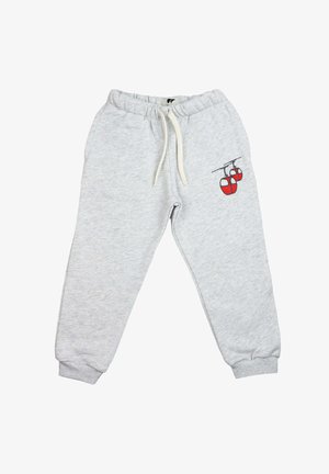Grijze sweatpants van zachte stof, met een elastische tailleband en een koord, en een rode geborduurde kabelbaanontwerp op de linker dij.