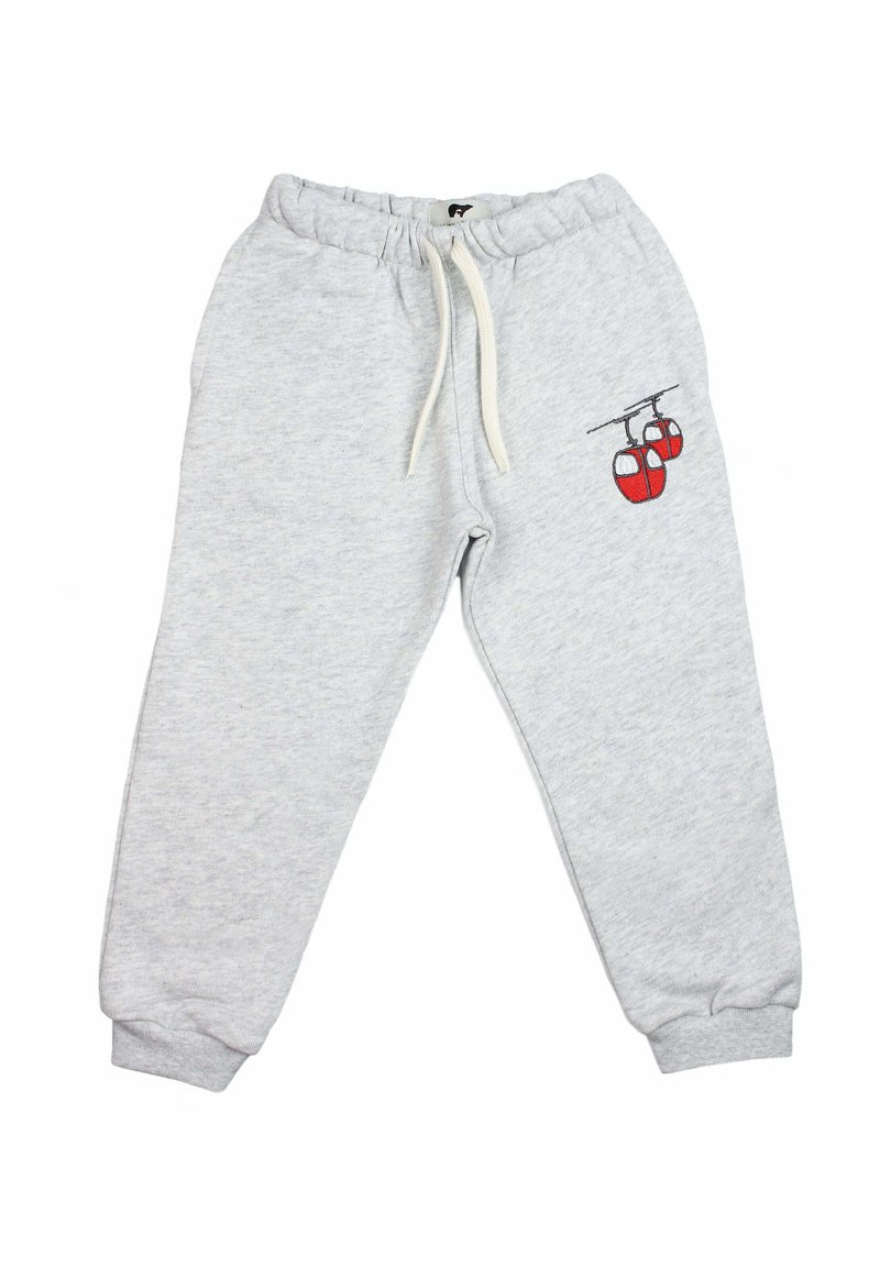 Pantalon de survêtement gris en tissu doux, avec une taille élastique dotée d'un cordon de serrage, et un design de téléphérique rouge brodé sur la cuisse gauche.