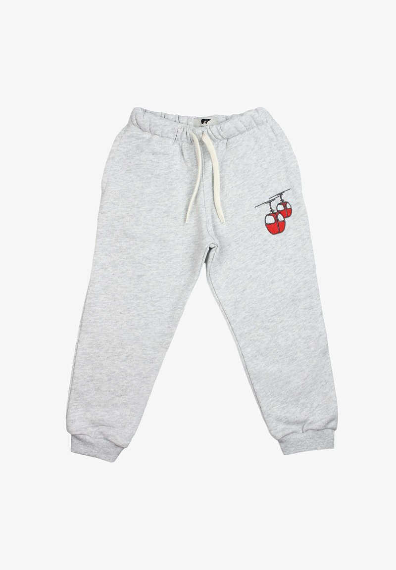 Pantalon de survêtement gris en tissu doux, avec une taille élastique dotée d'un cordon de serrage, et un design de téléphérique rouge brodé sur la cuisse gauche.