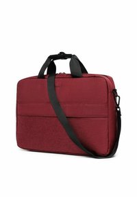Bordo taška na laptop s texturovanou látkou, dvojitými horními uchy a nastavitelným ramenním popruhem; nabízí přední kapsu a minimalistický design.