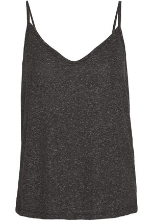 Sleeveless black tank top with a V-neck design, made from soft, textured fabric, featuring thin straps and a relaxed fit.