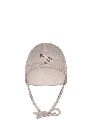 Grey knit baby hat with a small brown rocket embroidered on front and two tied straps below.