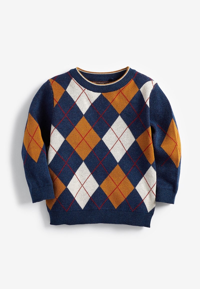 Pull en maille à manches longues avec motif losange en marine, moutarde et blanc, agrémenté de lignes diagonales rouges sur le devant et les manches.