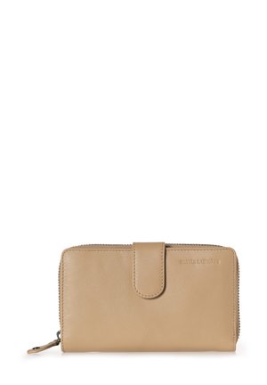 Beige leather wallet with a smooth texture, zip closure, and a snap button. Features a simple design with minimal branding.