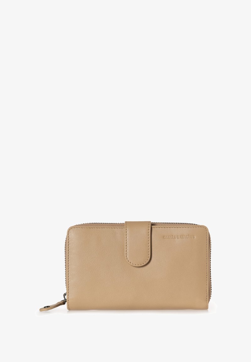 Beige leather wallet with a smooth texture, zip closure, and a snap button. Features a simple design with minimal branding.