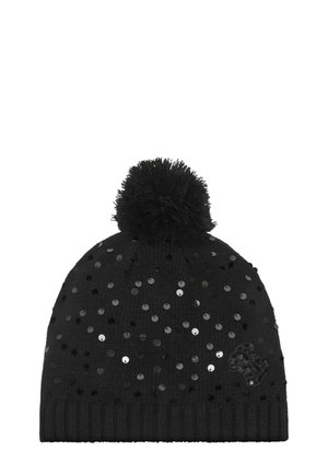 Berretto lavorato a maglia nero con pompon sulla cima, decorato con paillettes nere sparse e un piccolo emblema con paillettes sul lato.