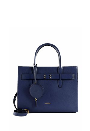 Sac à main structuré bleu marine avec deux poignées, une bandoulière amovible, une pochette ronde zippée et un logo Picard doré à l'avant.