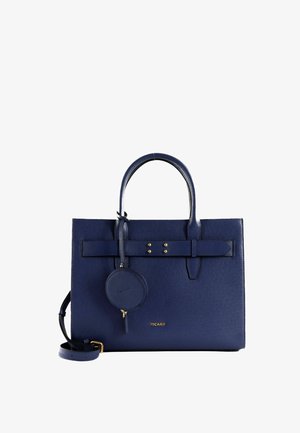 Sac à main structuré bleu marine avec deux poignées, une bandoulière amovible, une pochette ronde zippée et un logo Picard doré à l'avant.