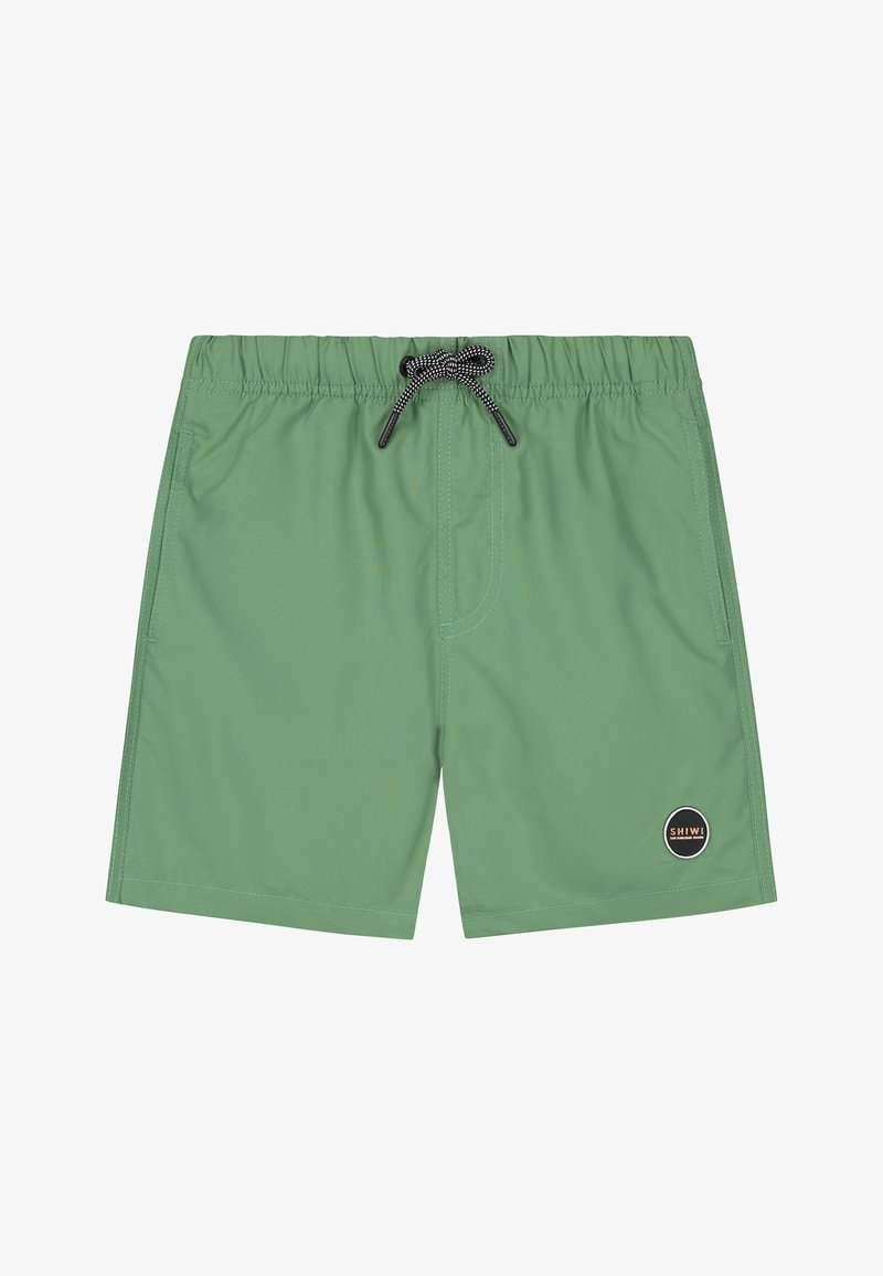 Groene zwembroek gemaakt van lichtgewicht materiaal, met een elastische tailleband met een trekkoord en een cirkelvormige logopatch aan de zijkant.