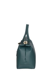 Teal leren handtas met twee handvatten, ronde vorm, gouden hardware, ritssluiting en gestructureerde afwerking. Zijaanzicht benadrukt de details van de bovenste stiksels.