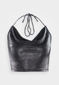 Crop top nero in glitter con scollatura a cowl, spalline a cravatta e silhouette aderente. Tessuto lucido e testurizzato con dettagli glitter riflettenti.