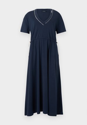 Robe midi bleu marine à manches courtes, encolure en V avec bordure blanche, taille cintrée avec liens latéraux ajustables et jupe évasée.