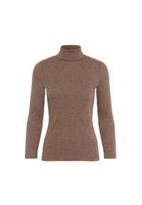 Pull col roulé marron en maille côtelée à manches longues avec une silhouette ajustée sur fond blanc.
