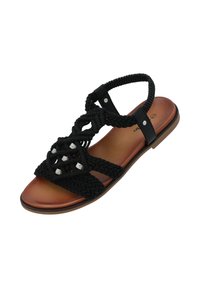 Zwarte gevlochten sandaal met decoratieve rhinestones, leren accenten en een bruine voetbed. Vlakke zool met verstelbare band voor een goede pasvorm.