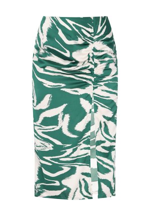 Fustă midi în dungi verzi și albe, cu pliuri pe laterale și o fanteză, realizată dintr-un material neted și ușor.
