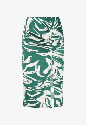 Zelena in bela zebra črtasta midi krila z nabiranjem ob straneh in razporkom, izdelana iz gladkega, lahkotnega materiala.