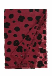 Écharpe rectangulaire en tissu bordeaux au toucher doux, ornée de grands pois noirs et de bords frangés. Matériel d'accent visible.