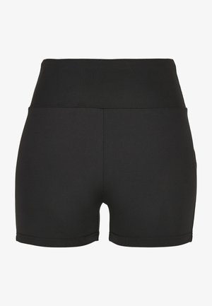 Black high-waisted athletic shorts made from sleek, stretchy material. Features smooth seams and a fitted design, ideal for activewear.