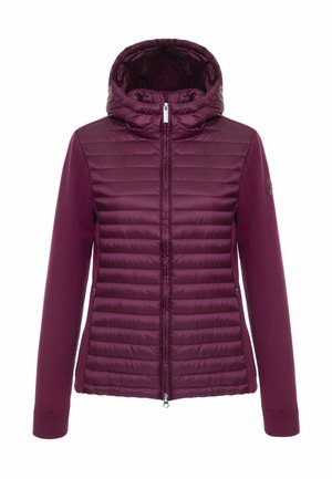 Ženska prešivena jakna tamnoplave boje s kapuljačom, patentnim zatvaračem preko cijele dužine, rebrastim rukavima i bočnim džepovima na patentni zatvarač.