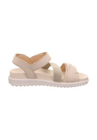Beige Sandalen mit einer strukturierten Gummisohle, zwei breiten überkreuzten Riemen und verstellbaren elastischen Bändern für einen sicheren Sitz.