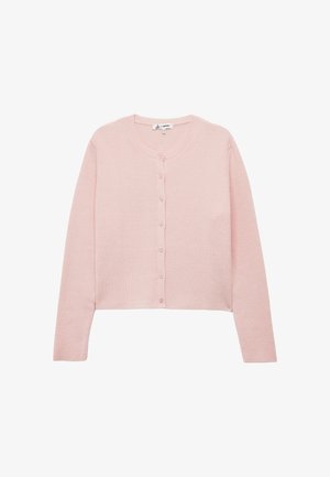 Helles rosa geripptes Strickjacke mit langen Ärmeln und rundem Ausschnitt, ausgestattet mit sechs passenden Knöpfen auf der Vorderseite für den Verschluss. Weiche Textur.