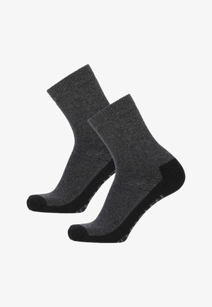 Paar dunkelgraue Kniestrümpfe mit schwarzen Zehen- und Fersenbereichen, nebeneinander auf weißem Hintergrund dargestellt.