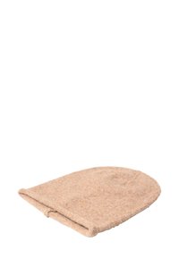 Beige ullhatt med mjuk textur, rundad topp och vikbar brätte, med en enkel design och subtila, ljusfärgade fläckar.
