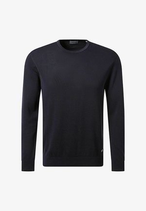 Marineblauer Strickpullover mit langen Ärmeln, rundem Ausschnitt, gerippten Bündchen und Saum, der eine dezente Textur und ein seitliches Logo-Detail aufweist.