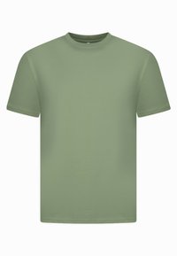 Korte mouw crew neck t-shirt in een gedempte groene kleur, gemaakt van zachte stof met een gladde textuur en een eenvoudig, klassiek ontwerp.