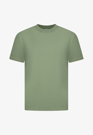 Korte mouw crew neck t-shirt in een gedempte groene kleur, gemaakt van zachte stof met een gladde textuur en een eenvoudig, klassiek ontwerp.