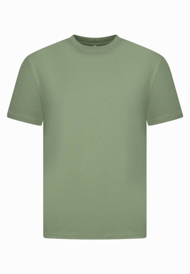 Korte mouw crew neck t-shirt in een gedempte groene kleur, gemaakt van zachte stof met een gladde textuur en een eenvoudig, klassiek ontwerp.