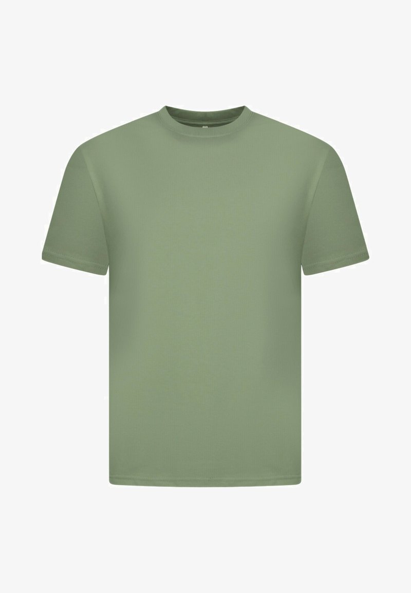 Korte mouw crew neck t-shirt in een gedempte groene kleur, gemaakt van zachte stof met een gladde textuur en een eenvoudig, klassiek ontwerp.