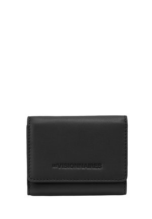 Black leather wallet with flap closure, embossed with "LES VISIONNAIRES" logo on front center.