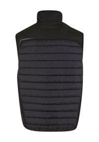 Crna pufasta prsluk s visokim ovratnikom, kviltiranim dizajnom, horizontalnim šavovima i glatkom teksturom. Ima zippered džep na leđima.