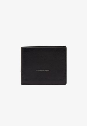 Black leather bi-fold wallet with subtle stitching and a small silver Piquadro logo centered on the front.