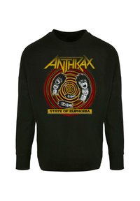 Schwarzer Sweatshirt mit langen Ärmeln, das ein grafisches Design mit "ANTHRAX" in Gelb und "STATE OF EUPHORIA" in fettem Gelb zeigt.