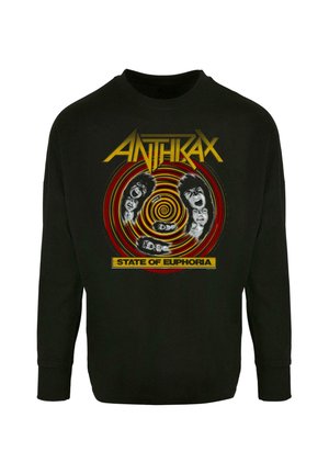 Černá mikina s dlouhým rukávem s grafickým designem, na kterém je napsáno "ANTHRAX" žlutě a "STATE OF EUPHORIA" tučným žlutým písmem.