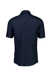 Korte mouw shirt van donkerblauwe stof, met een klassieke kraag, rechte snit en een gladde textuur zonder patronen of accenten.