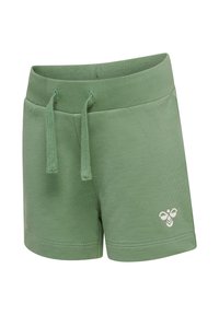 Gröna bomullsshorts med elastisk midja, justerbar dragsko och en liten logotyp på vänster ben. Slät textur och avslappnad design.